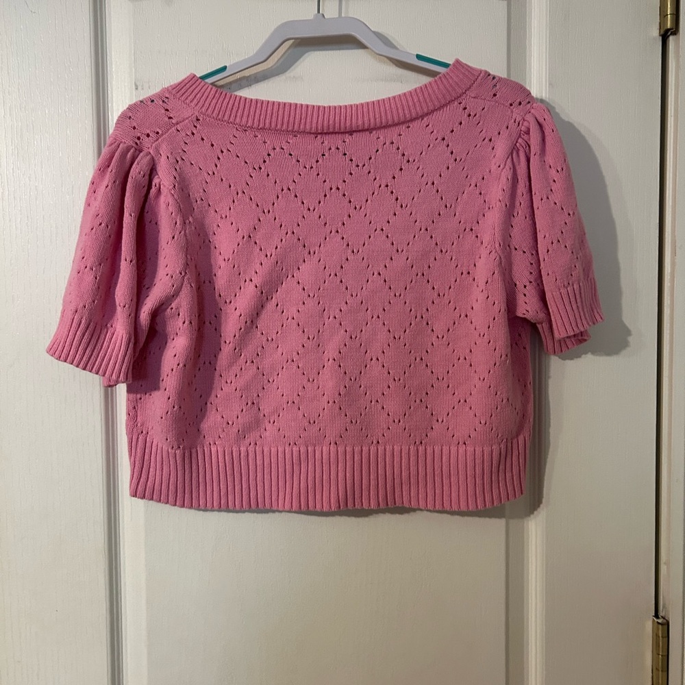 Day + Moon Pink Bow Tie Front Cropped Cardigan Coquette Knit Short Sleeve Size L - Picture 5 of 6